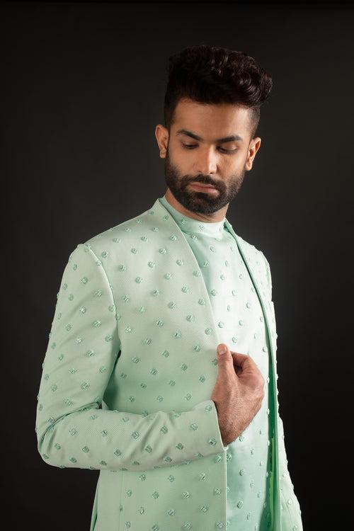 Seafoam Green Open Jacket, Kurta, & Trousers