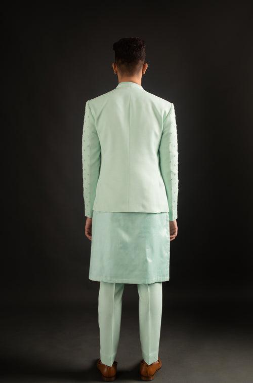 Seafoam Green Open Jacket, Kurta, & Trousers