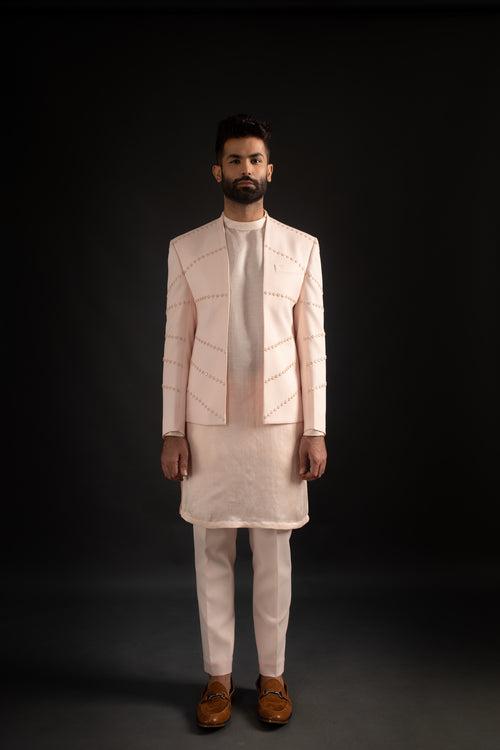 Peach Open Jacket, Kurta, & Trousers