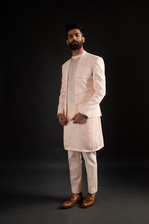 Peach Open Jacket, Kurta, & Trousers