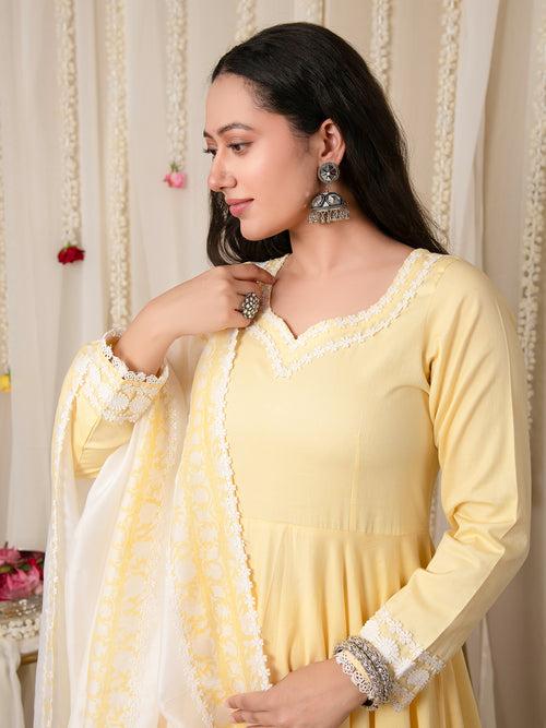 MULMUL GHER ANARKALI KURTA-PANT & DUPATTA SET