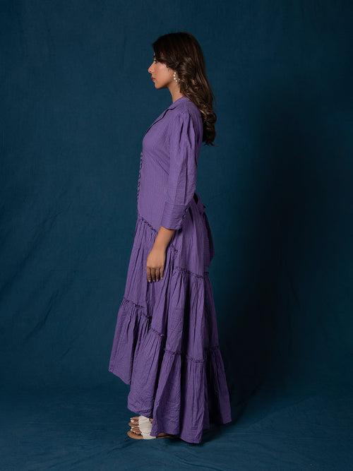 BREEZY PURPLE COTTON KANTHA TIERED DRESS