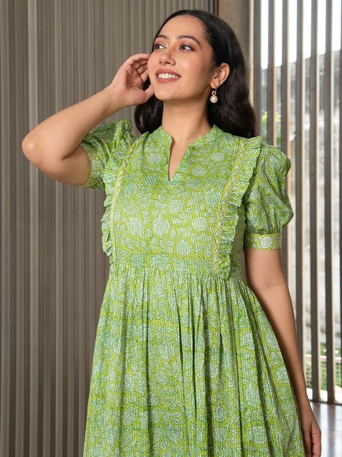 MULMUL GREEN FLORAL JAAL BLOCK PRINTED DRESS