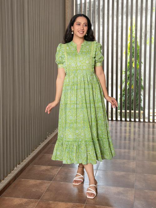 MULMUL GREEN FLORAL JAAL BLOCK PRINTED DRESS