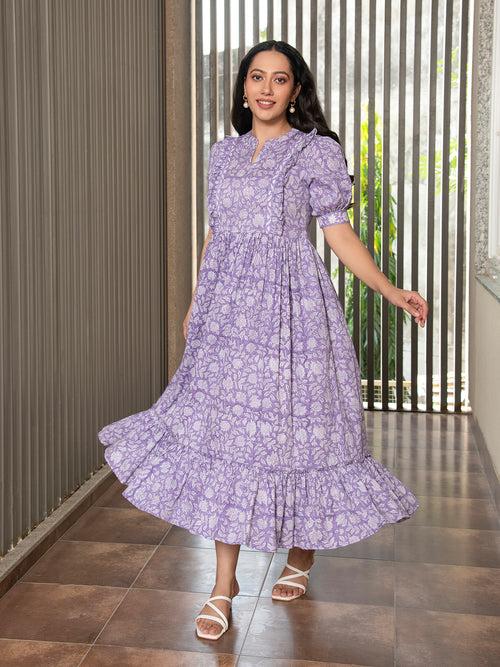 MULMUL PURPLE FLORAL JAAL BLOCK PRINTED DRESS