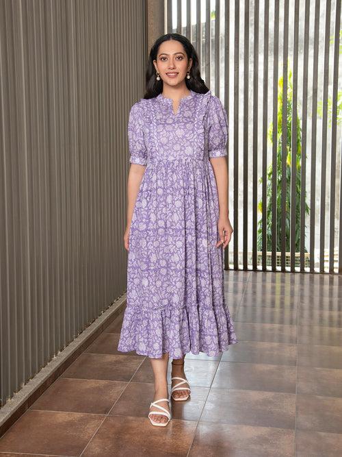 MULMUL PURPLE FLORAL JAAL BLOCK PRINTED DRESS