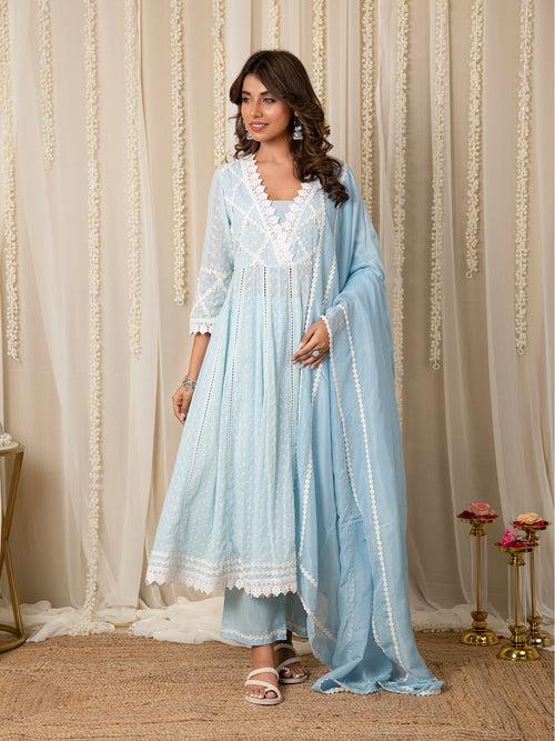 MULMUL MEHER ANARKALI KURTA-PANT & DUPATTA SET