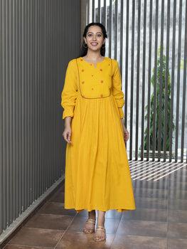 AAHELI RADHIYAA YELLOW YARN DYED COTTON MAXI DRESS