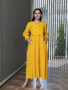 AAHELI RADHIYAA YELLOW YARN DYED COTTON MAXI DRESS