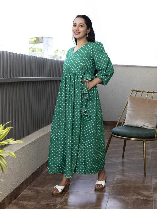 AAHELI VIVIKTHA BANDHANI PRINTED COTTON MAXI DRESS