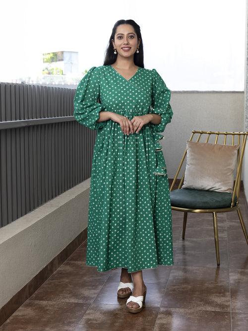 AAHELI VIVIKTHA BANDHANI PRINTED COTTON MAXI DRESS