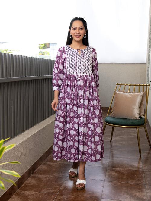 MULMUL BAVISHNI FLORAL BLOCK PRINTED DRESS