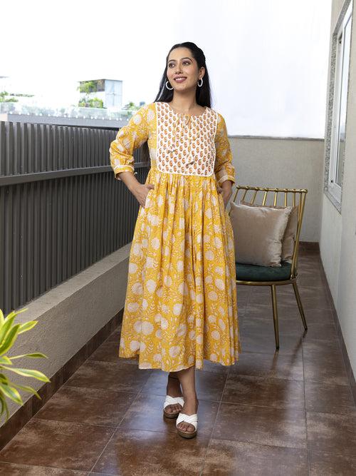 MULMUL ARUNIMA FLORAL BLOCK PRINTED DRESS