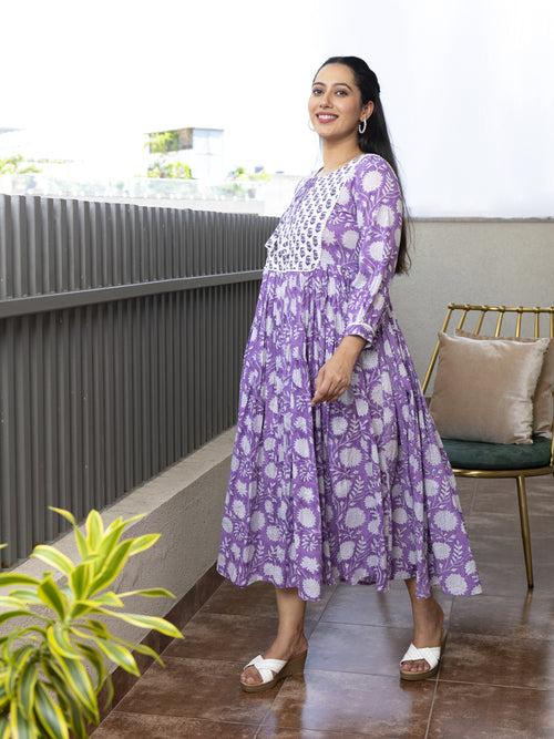 MULMUL VANSHA FLORAL BLOCK PRINTED DRESS