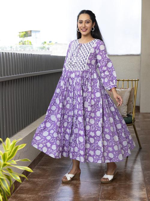 MULMUL VANSHA FLORAL BLOCK PRINTED DRESS