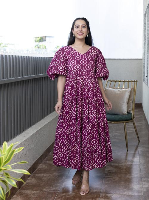 AAHELI DEEP ORCHID PRINTED COTTON TIERED DRESS