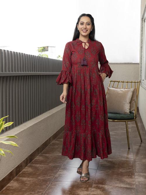 AAHELI THANVI MAROON PRINTED COTTON MAXI DRESS