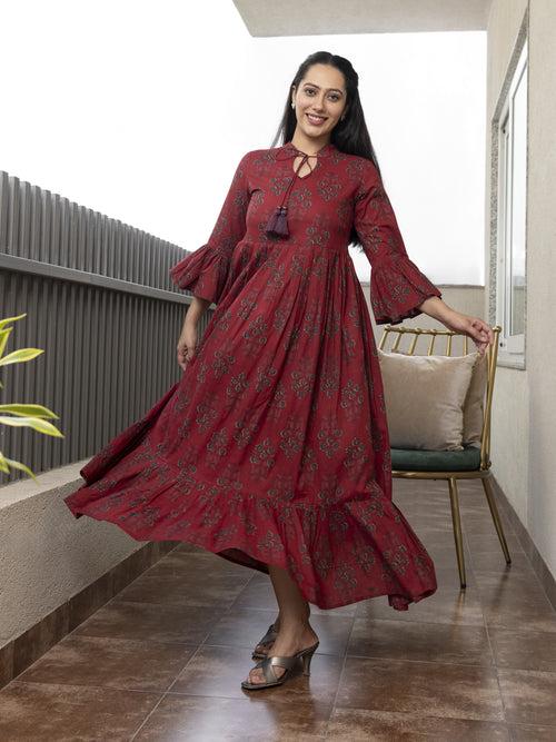 AAHELI THANVI MAROON PRINTED COTTON MAXI DRESS