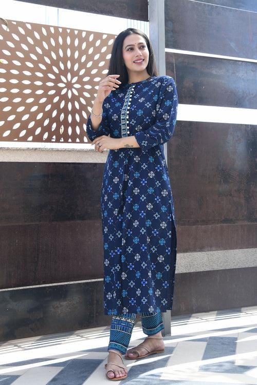 AAHELI BLUE PRINTED HANDWORK KURTA WITH PANT SET