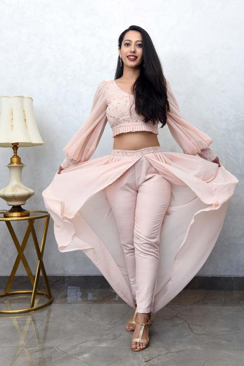 MULMUL BLUSH PINK CROP TOP WITH COWL PANTS