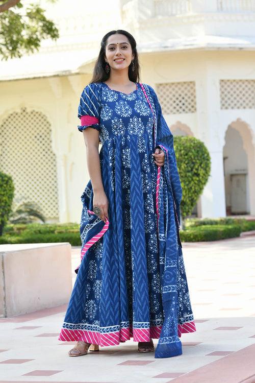 MULMUL ADWETA BLOCK PRINTED PANELED DRESS WITH DUPATTA