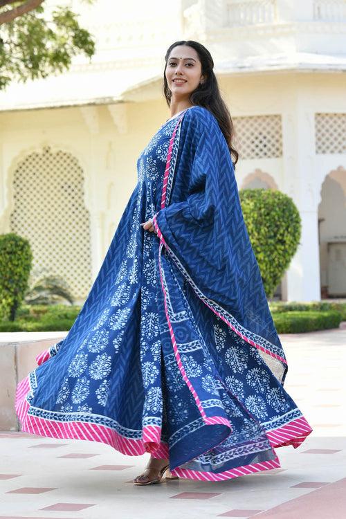 MULMUL ADWETA BLOCK PRINTED PANELED DRESS WITH DUPATTA