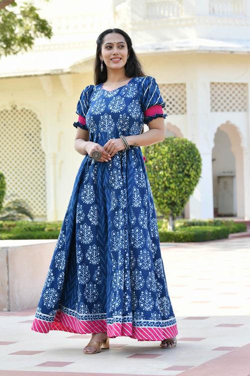 MULMUL ADWETA BLOCK PRINTED PANELED DRESS WITH DUPATTA