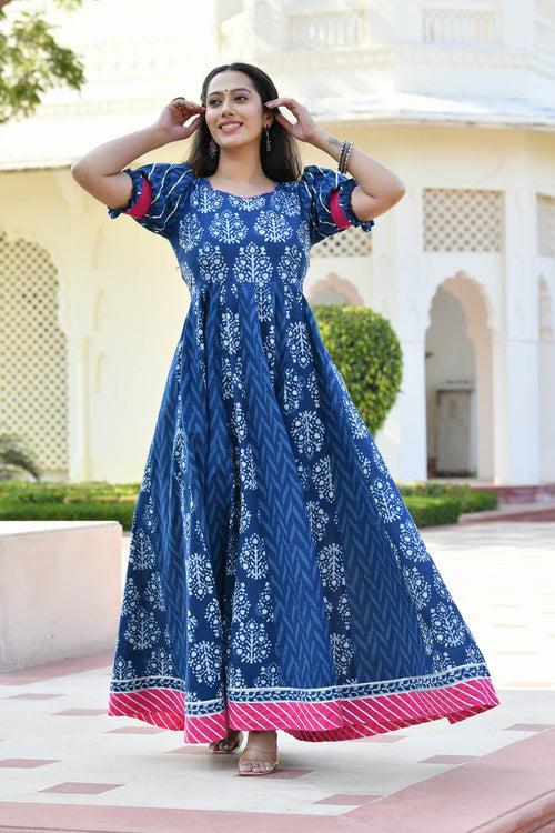 MULMUL ADWETA BLOCK PRINTED PANELED DRESS WITH DUPATTA