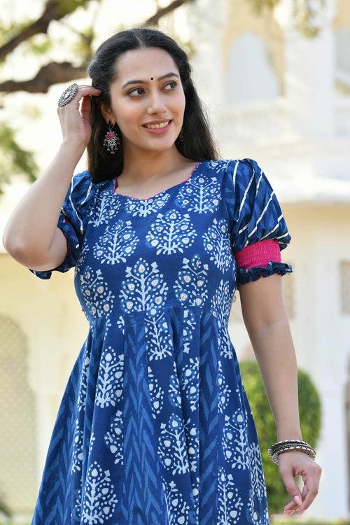 MULMUL ADWETA BLOCK PRINTED PANELED DRESS WITH DUPATTA