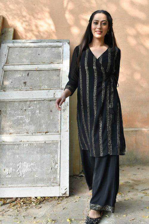 MULMUL CIARA BLACK SEQUIN ANGRAKHA KURTA SET