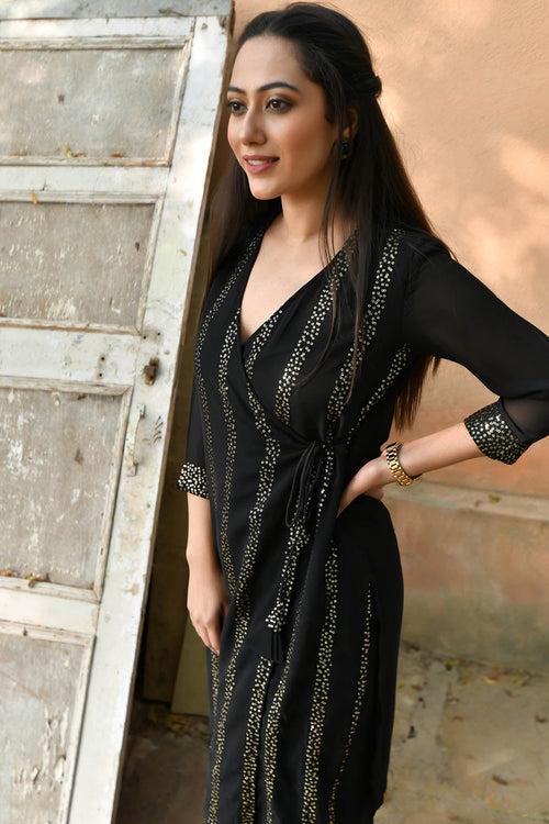 MULMUL CIARA BLACK SEQUIN ANGRAKHA KURTA SET