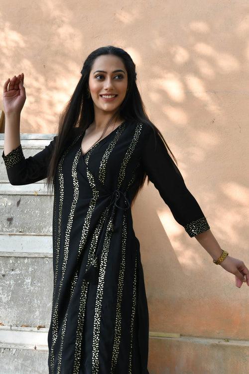 MULMUL CIARA BLACK SEQUIN ANGRAKHA KURTA SET