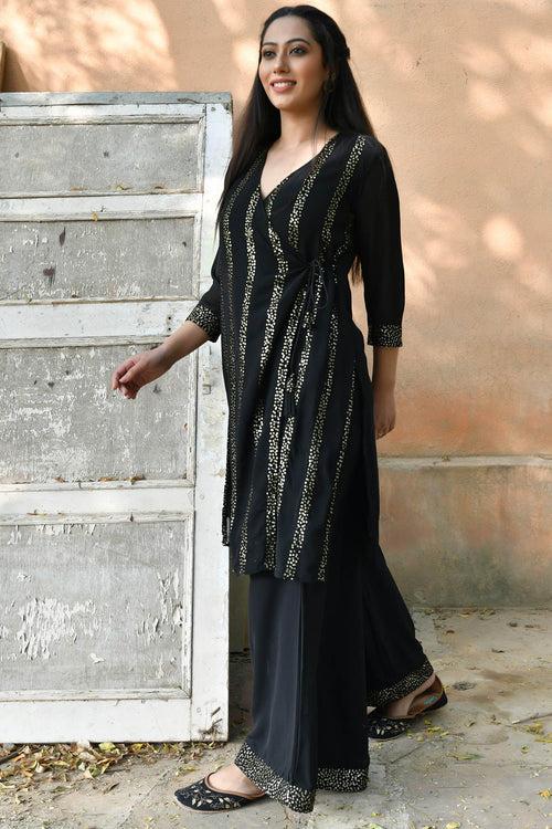 MULMUL CIARA BLACK SEQUIN ANGRAKHA KURTA SET