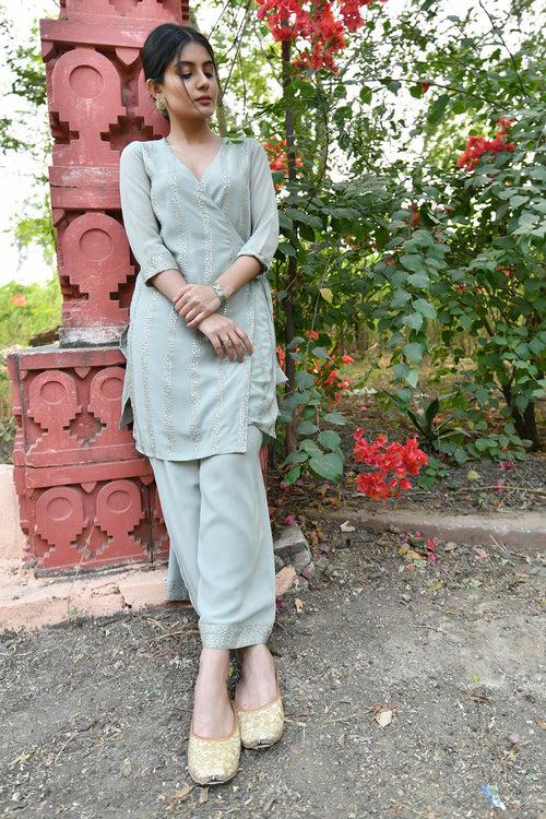 MULMUL SAGE GREY SEQUIN ANGRAKHA KURTA SET