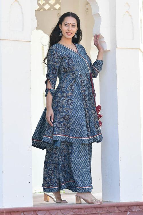 MULMUL IDIKA INDIGO BLOCK PRINTED PANELED KURTA-PLAZZO SET