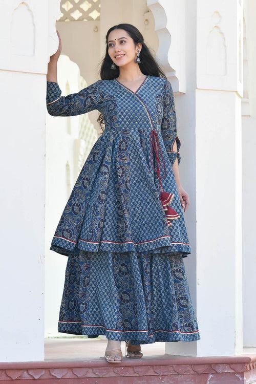 MULMUL IDIKA INDIGO BLOCK PRINTED PANELED KURTA-PLAZZO SET