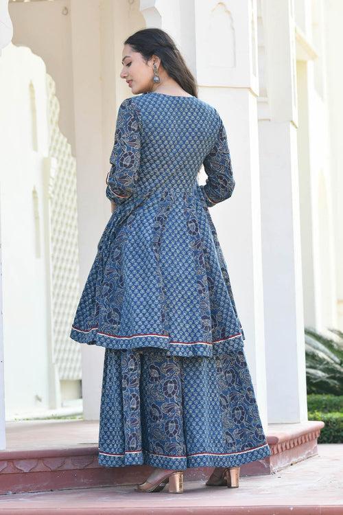 MULMUL IDIKA INDIGO BLOCK PRINTED PANELED KURTA-PLAZZO SET