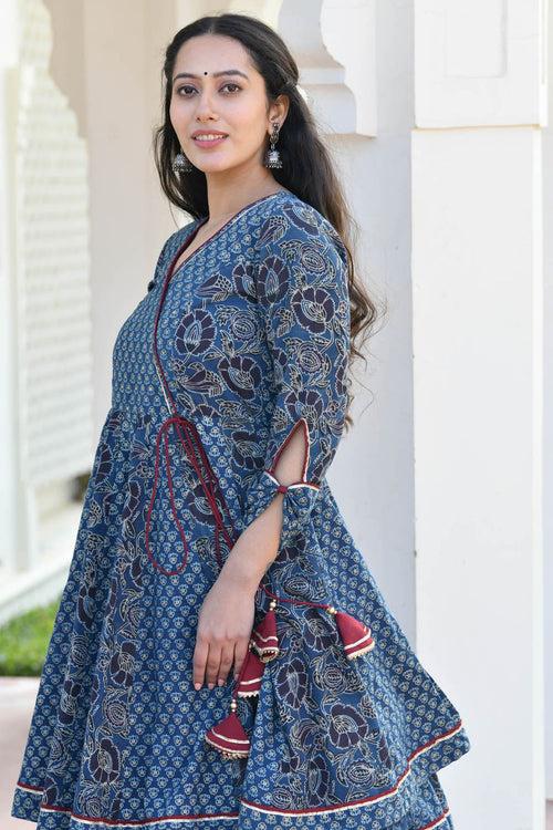 MULMUL IDIKA INDIGO BLOCK PRINTED PANELED KURTA-PLAZZO SET