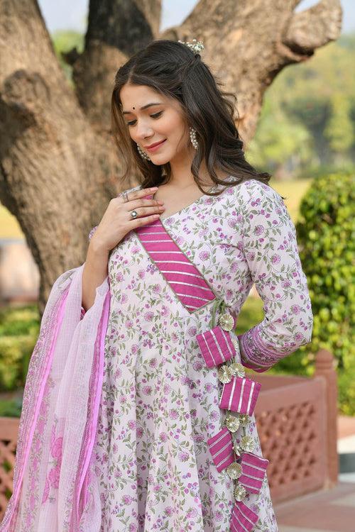 MULMUL GAURIKA FLORAL JAAL BLOCK PRINTED DRESS WITH DUPATTA