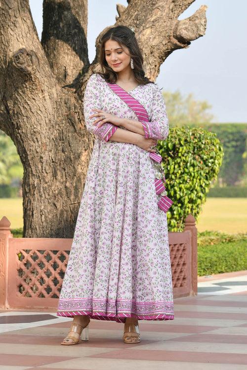 MULMUL GAURIKA FLORAL JAAL BLOCK PRINTED DRESS WITH DUPATTA