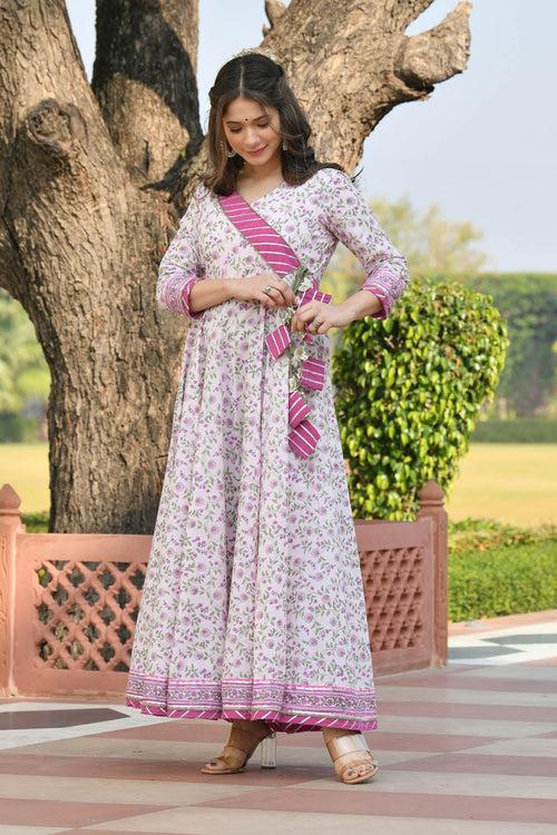 MULMUL GAURIKA FLORAL JAAL BLOCK PRINTED DRESS WITH DUPATTA