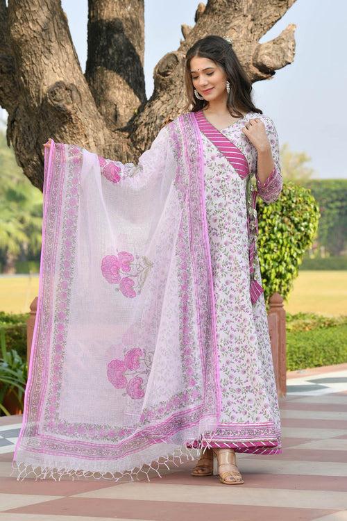 MULMUL GAURIKA FLORAL JAAL BLOCK PRINTED DRESS WITH DUPATTA