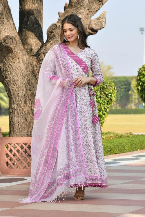 MULMUL GAURIKA FLORAL JAAL BLOCK PRINTED DRESS WITH DUPATTA