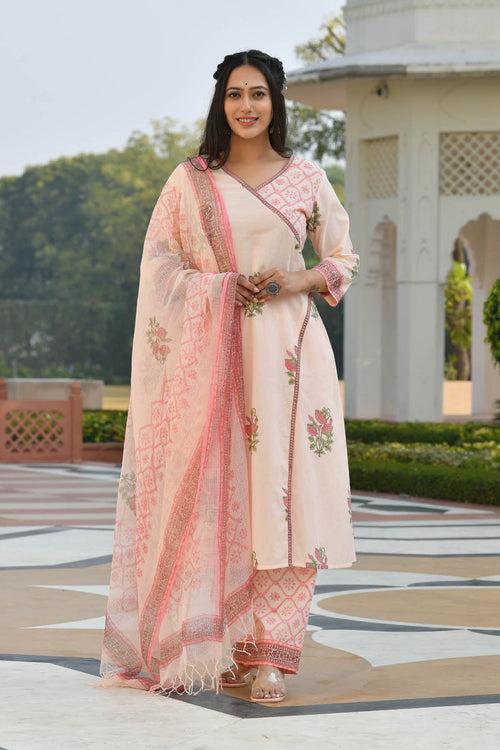 MULMUL AANIYA FLORAL MOTIFS BLOCK PRINTED KURTA-PLAZZO & DUPATTA SET