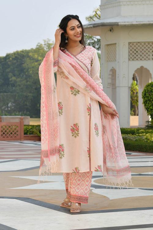 MULMUL AANIYA FLORAL MOTIFS BLOCK PRINTED KURTA-PLAZZO & DUPATTA SET