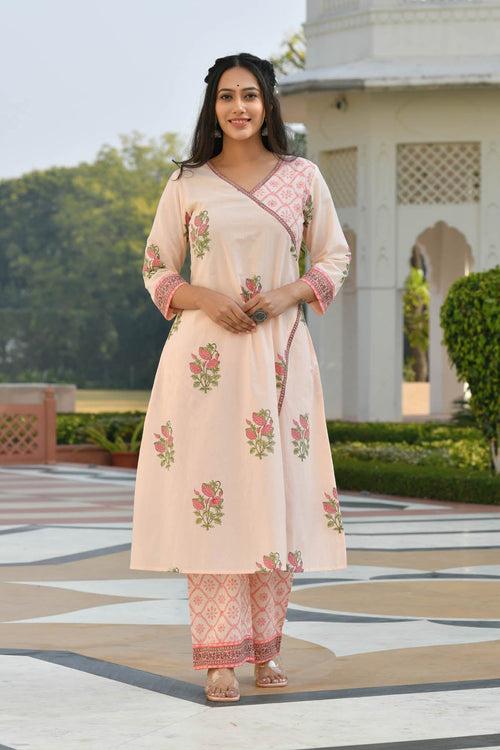 MULMUL AANIYA FLORAL MOTIFS BLOCK PRINTED KURTA-PLAZZO & DUPATTA SET