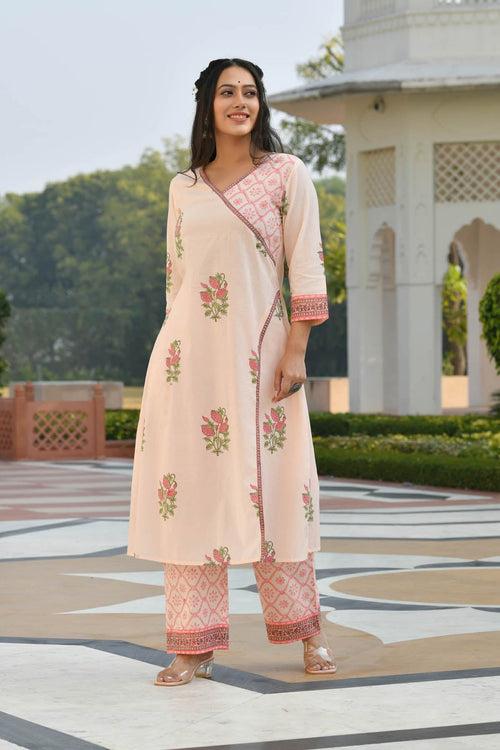 MULMUL AANIYA FLORAL MOTIFS BLOCK PRINTED KURTA-PLAZZO & DUPATTA SET