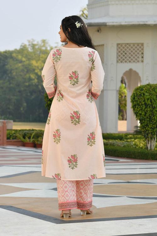 MULMUL AANIYA FLORAL MOTIFS BLOCK PRINTED KURTA-PLAZZO & DUPATTA SET