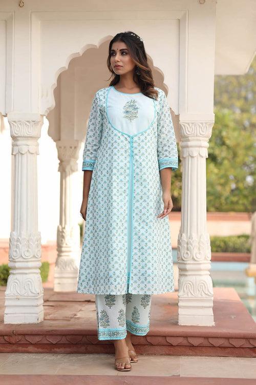 MULMUL HIRAL FLORAL MOTIFS BLOCK PRINTED KURTA-PLAZZO & DUPATTA SET