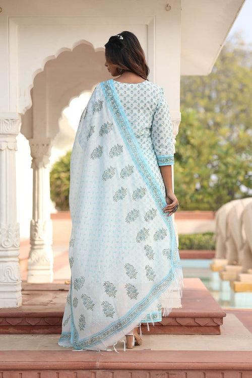 MULMUL HIRAL FLORAL MOTIFS BLOCK PRINTED KURTA-PLAZZO & DUPATTA SET